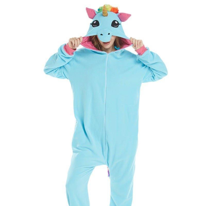 Cartoon Animal Onesie Unicorn Blue Pegasus Fleece Couple Pajamas for Fall Winter - Coscosmos