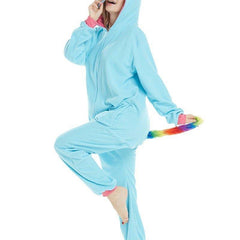 Cartoon Animal Onesie Unicorn Blue Pegasus Fleece Couple Pajamas for Fall Winter - Coscosmos