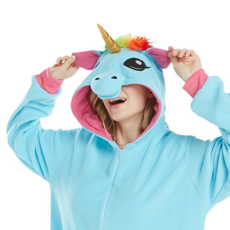 Cartoon Animal Onesie Unicorn Blue Pegasus Fleece Couple Pajamas for Fall Winter - Coscosmos