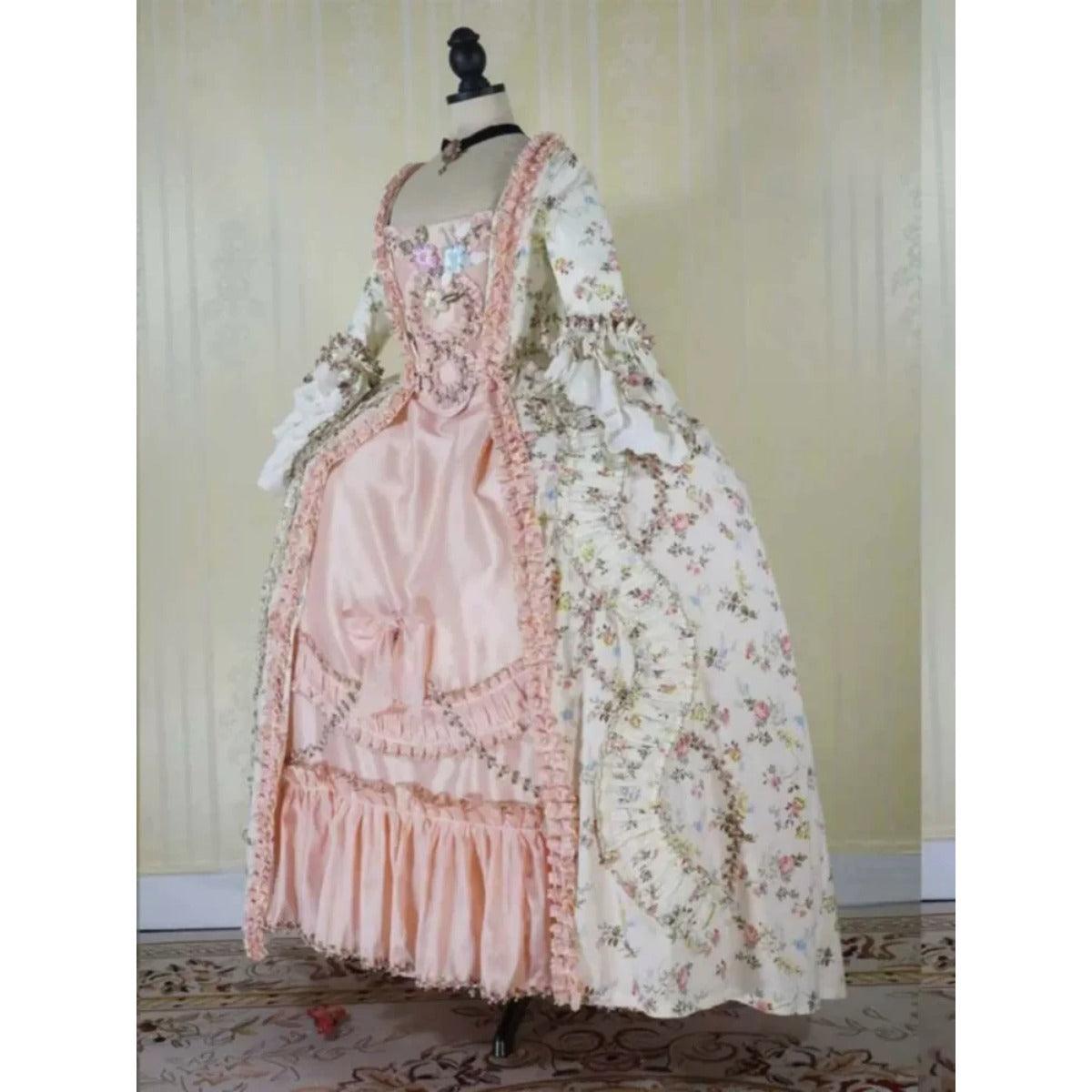 Renaissance Pink Floral Dress French Style Robe Medieval Victorian Court Rococo Baroque Princess Ball Gown Theater Costume