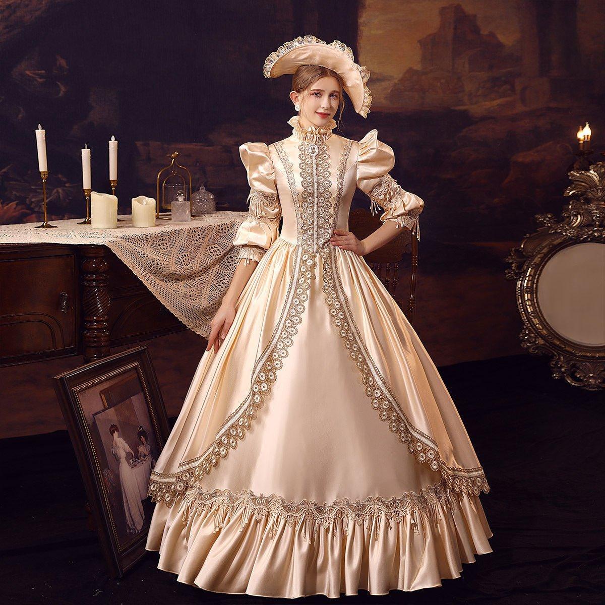 Champagne Court Elegance - High - Neck European Noble Gown for Royal Events - Coscosmos