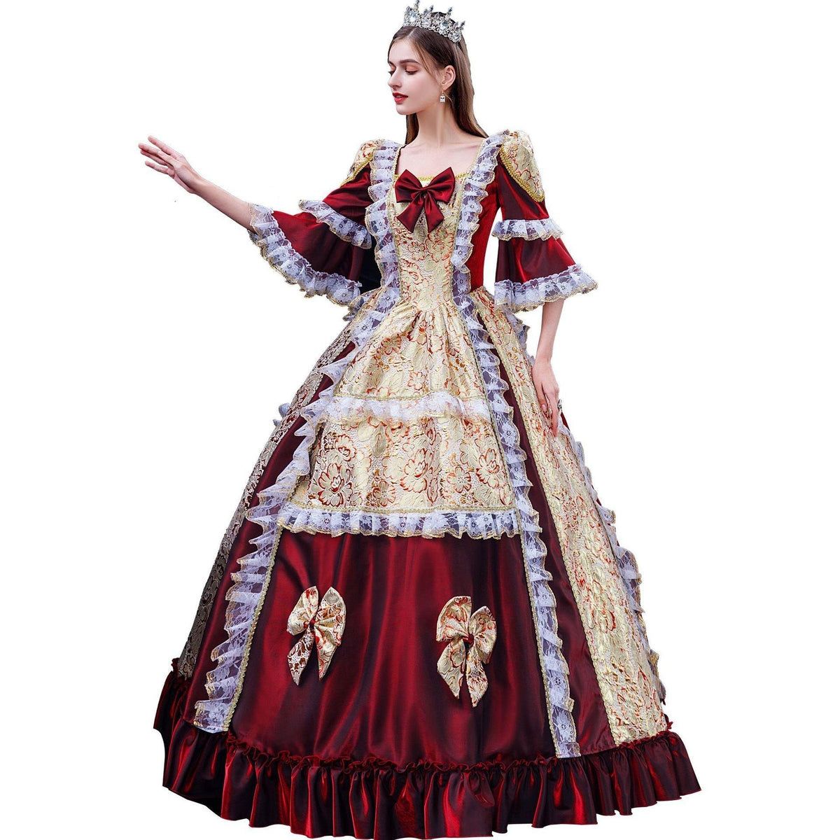 Christmas Burgundy Court Brocade Gown - A Royal Elegance for the Season - Coscosmos