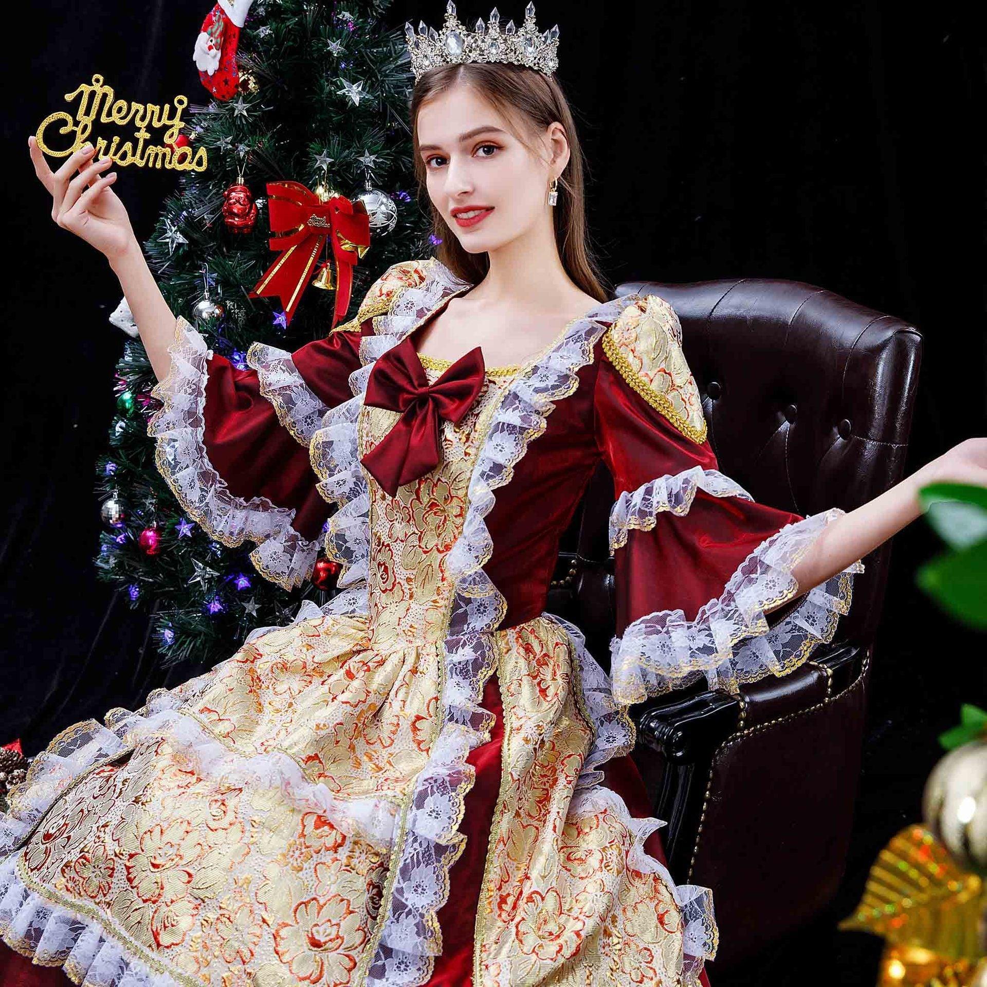 Christmas Burgundy Court Brocade Gown - A Royal Elegance for the Season - Coscosmos