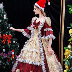 Christmas Burgundy Court Brocade Gown - A Royal Elegance for the Season - Coscosmos