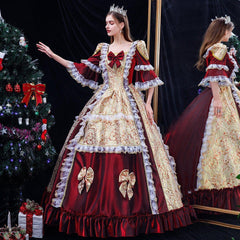 Christmas Burgundy Court Brocade Gown - A Royal Elegance for the Season - Coscosmos