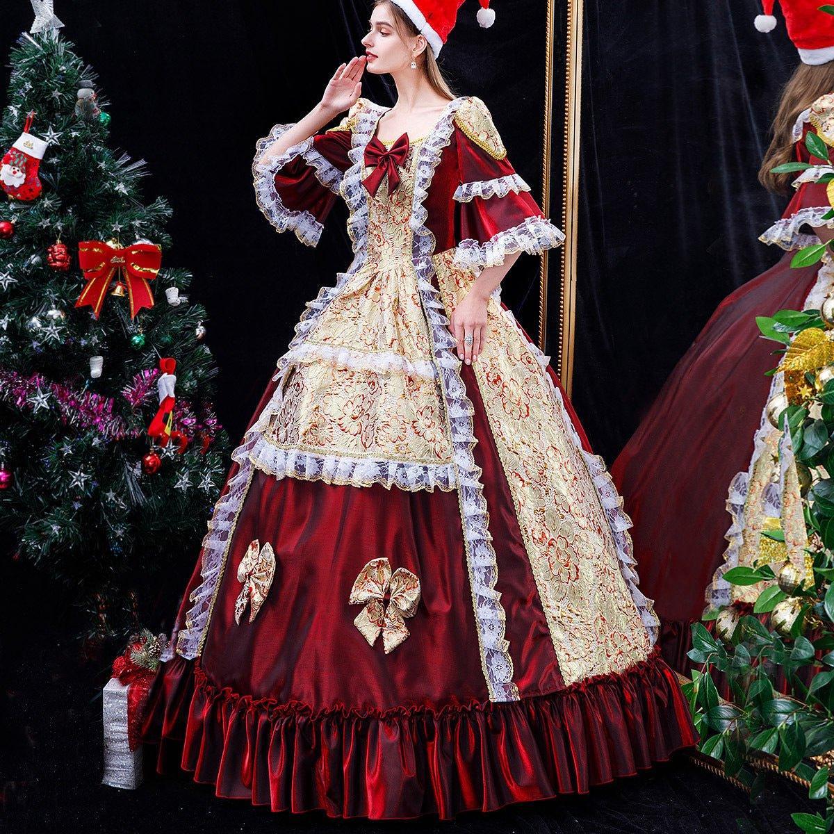 Christmas Burgundy Court Brocade Gown - A Royal Elegance for the Season - Coscosmos