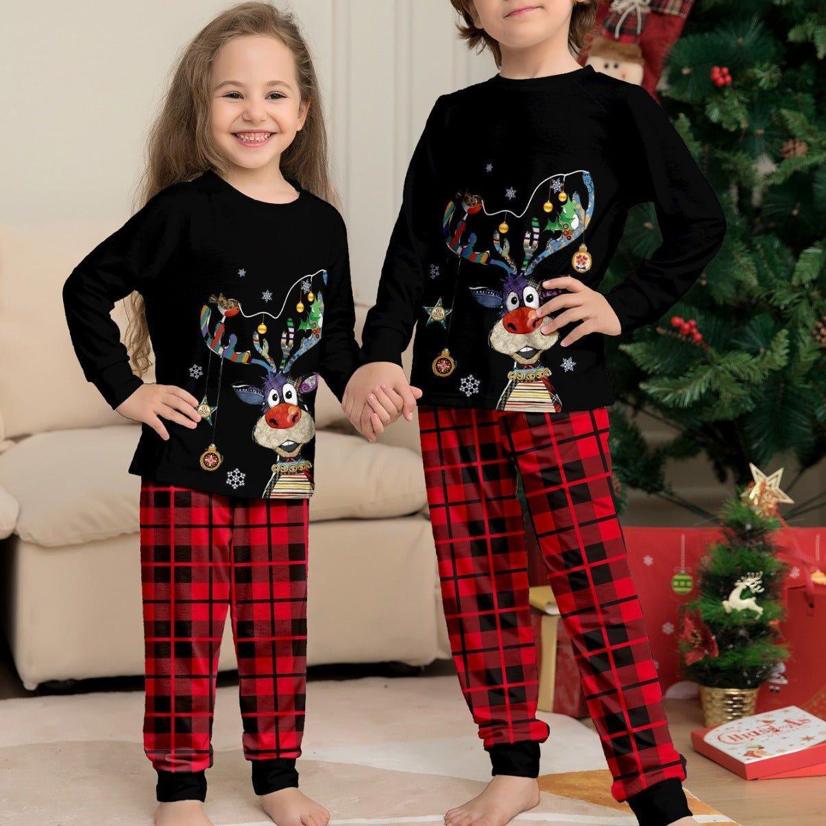 Christmas Cartoon Reindeer and Christmas Tree Printed Family Matching Pajama Set | Holiday Sleepwear - Coscosmos