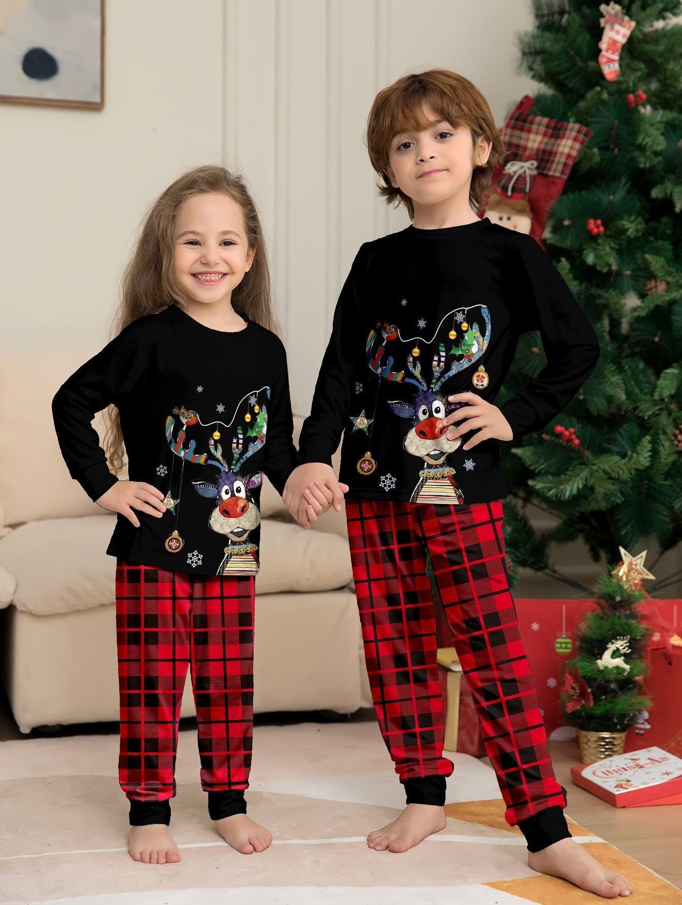 Christmas Cartoon Reindeer and Christmas Tree Printed Family Matching Pajama Set | Holiday Sleepwear - Coscosmos