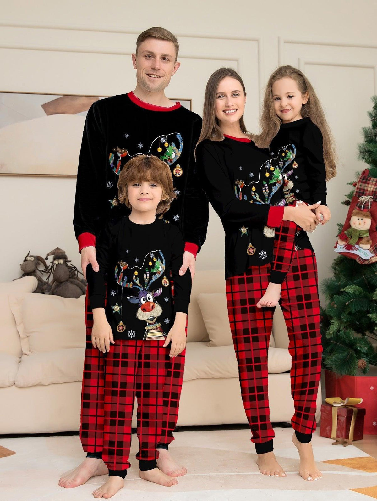 Christmas Cartoon Reindeer and Christmas Tree Printed Family Matching Pajama Set | Holiday Sleepwear - Coscosmos