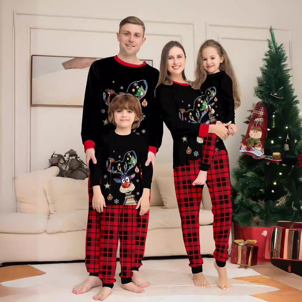 Christmas Cartoon Reindeer and Christmas Tree Printed Family Matching Pajama Set | Holiday Sleepwear - Coscosmos