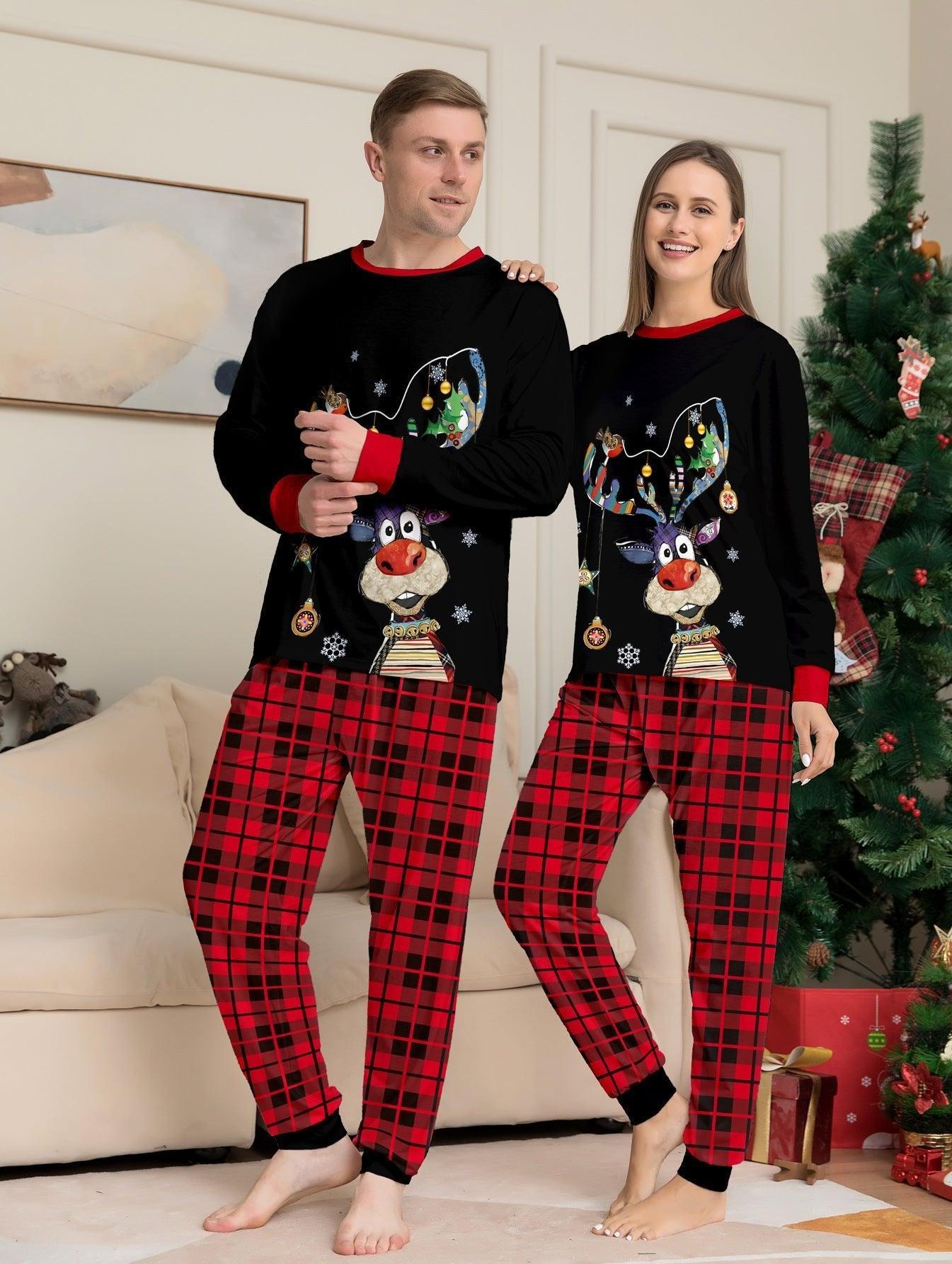 Christmas Cartoon Reindeer and Christmas Tree Printed Family Matching Pajama Set | Holiday Sleepwear - Coscosmos