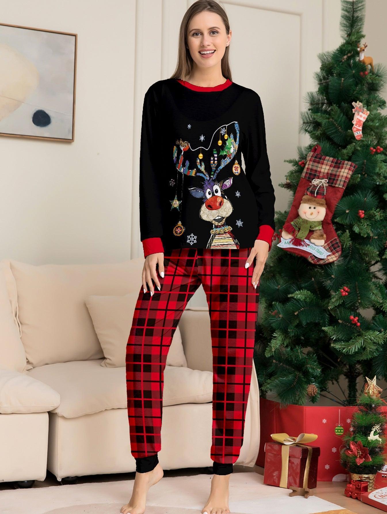 Christmas Cartoon Reindeer and Christmas Tree Printed Family Matching Pajama Set | Holiday Sleepwear - Coscosmos