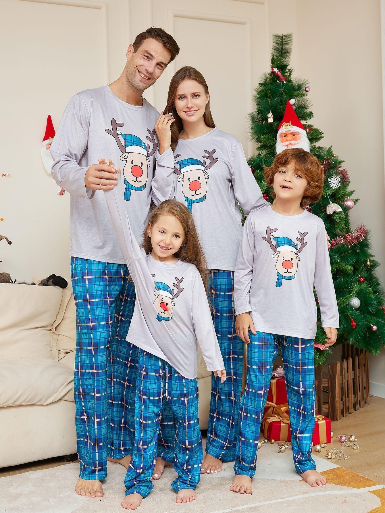 Christmas Cartoon Reindeer Blue Plaid Family Matching Pajama Set | Long Sleeve Round - Neck Festive Sleepwear - Coscosmos