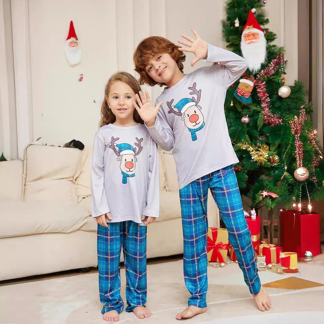 Christmas Cartoon Reindeer Blue Plaid Family Matching Pajama Set | Long Sleeve Round - Neck Festive Sleepwear - Coscosmos