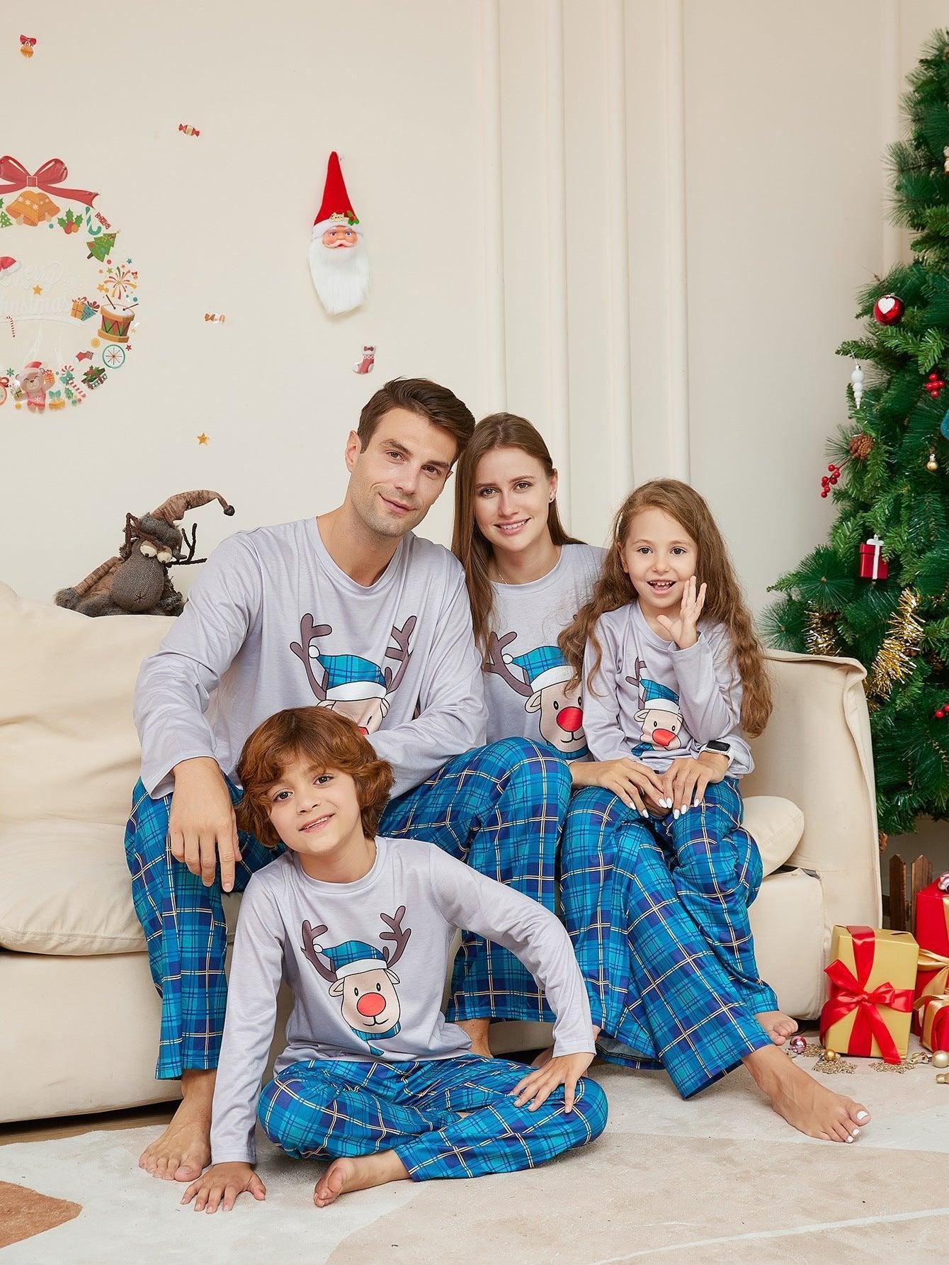 Christmas Cartoon Reindeer Blue Plaid Family Matching Pajama Set | Long Sleeve Round - Neck Festive Sleepwear - Coscosmos