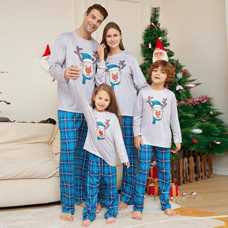 Christmas Cartoon Reindeer Blue Plaid Family Matching Pajama Set | Long Sleeve Round - Neck Festive Sleepwear - Coscosmos