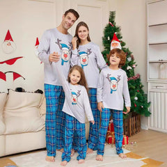 Christmas Cartoon Reindeer Blue Plaid Family Matching Pajama Set | Long Sleeve Round - Neck Festive Sleepwear - Coscosmos