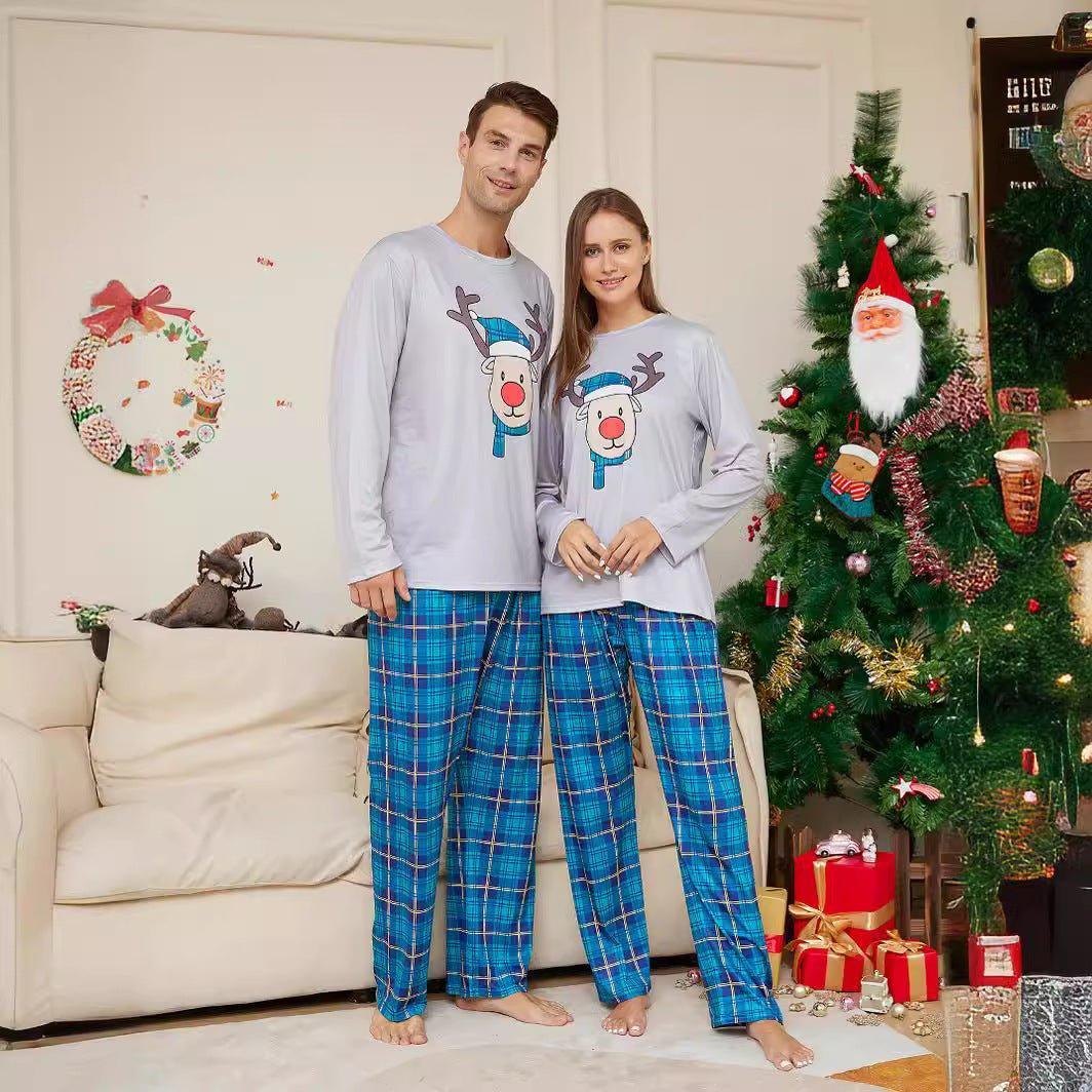 Christmas Cartoon Reindeer Blue Plaid Family Matching Pajama Set | Long Sleeve Round - Neck Festive Sleepwear - Coscosmos