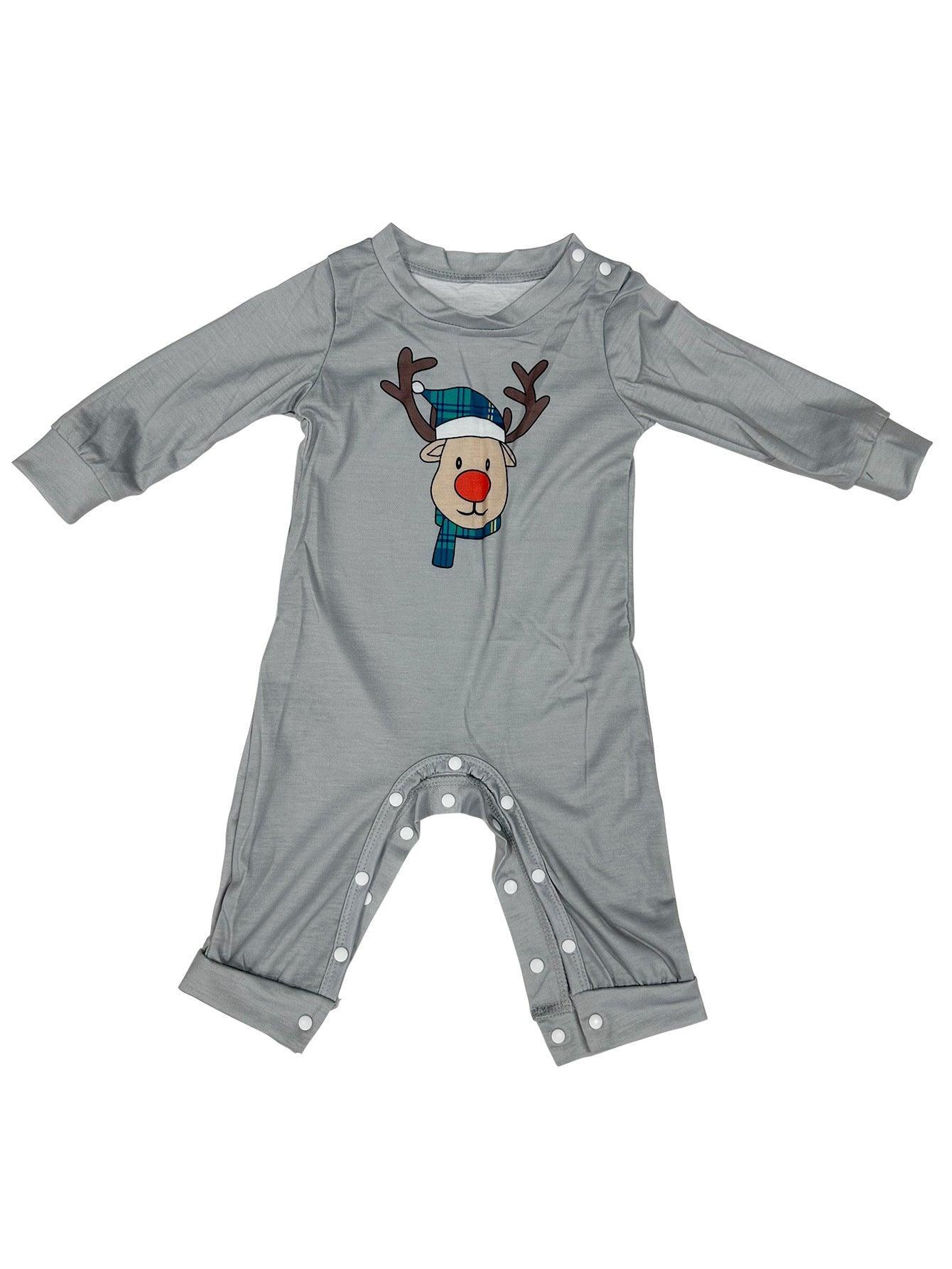 Christmas Cartoon Reindeer Blue Plaid Family Matching Pajama Set | Long Sleeve Round - Neck Festive Sleepwear - Coscosmos