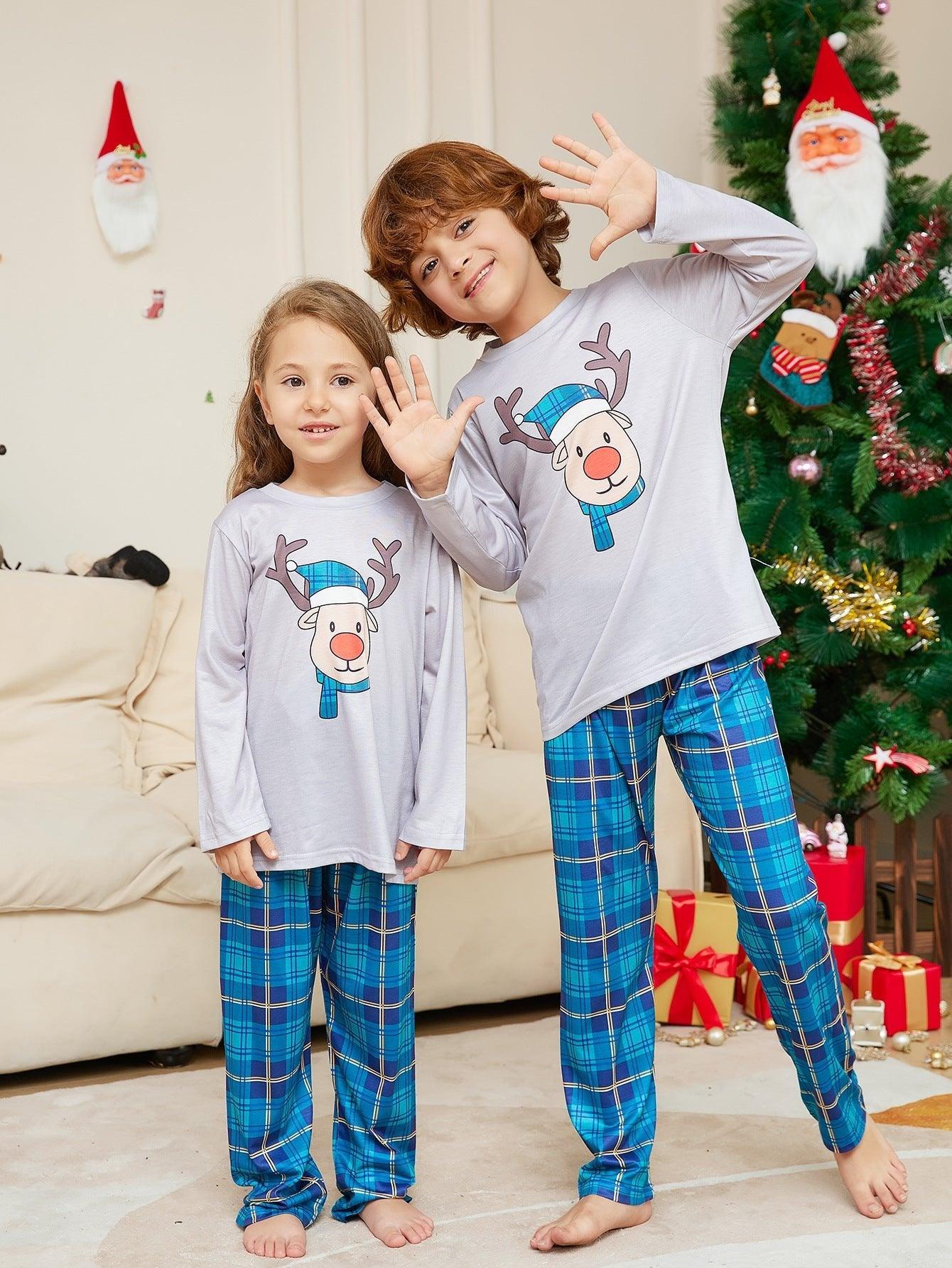 Christmas Cartoon Reindeer Blue Plaid Family Matching Pajama Set | Long Sleeve Round - Neck Festive Sleepwear - Coscosmos