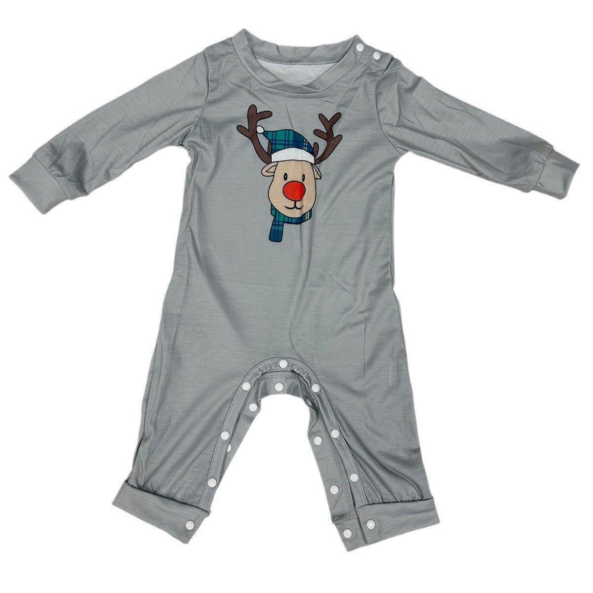 Christmas Cartoon Reindeer Blue Plaid Family Matching Pajama Set | Long Sleeve Round - Neck Festive Sleepwear - Coscosmos