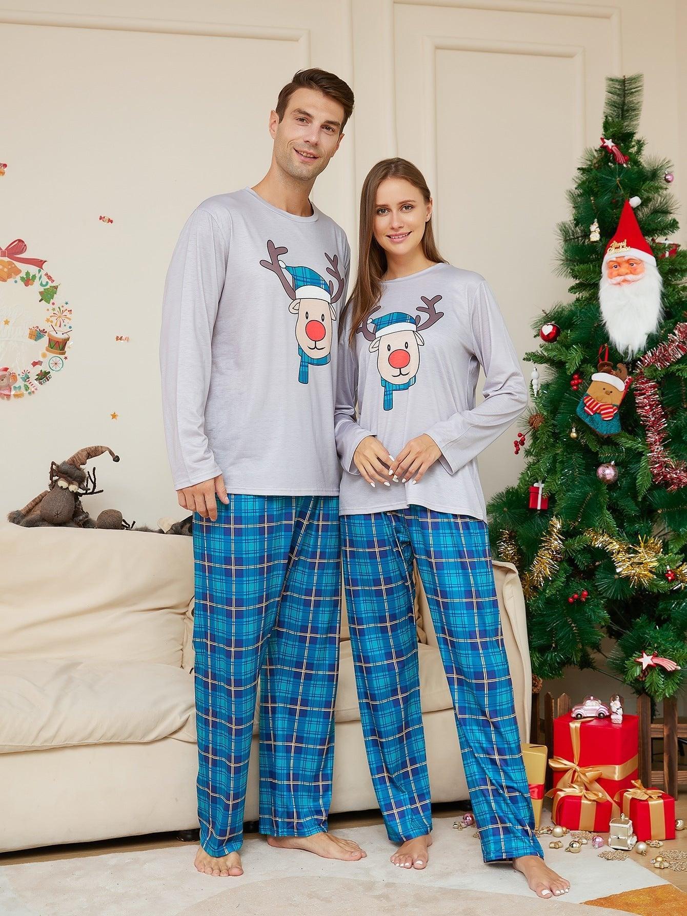 Christmas Cartoon Reindeer Blue Plaid Family Matching Pajama Set | Long Sleeve Round - Neck Festive Sleepwear - Coscosmos