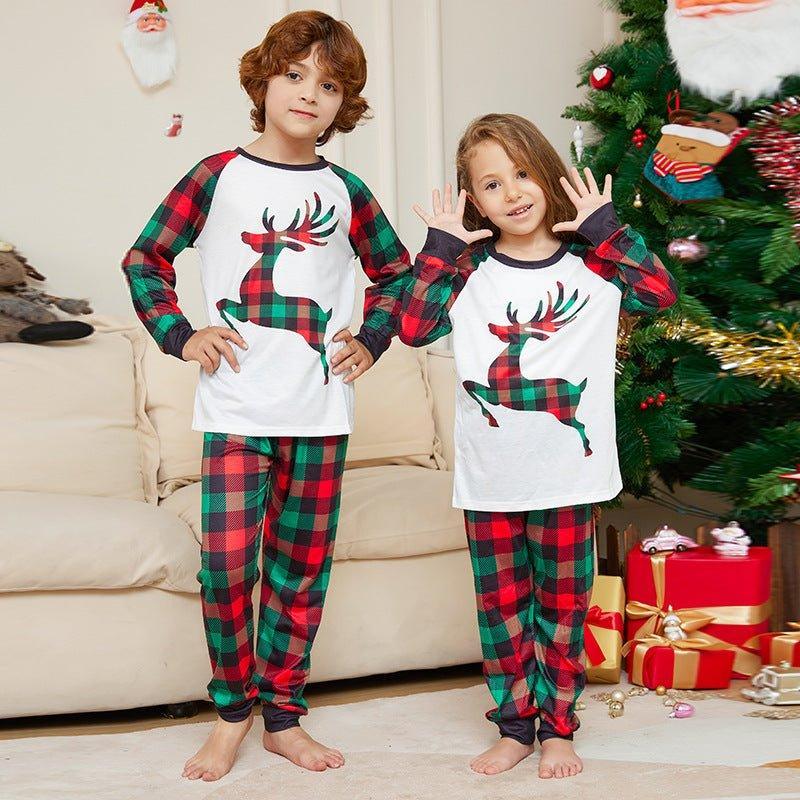 Christmas Cartoon Reindeer Plaid Print Pajama Set | Women's Long Sleeve & Red - Green Plaid Family Matching Outfits - Coscosmos