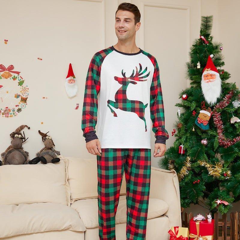 Christmas Cartoon Reindeer Plaid Print Pajama Set | Women's Long Sleeve & Red - Green Plaid Family Matching Outfits - Coscosmos