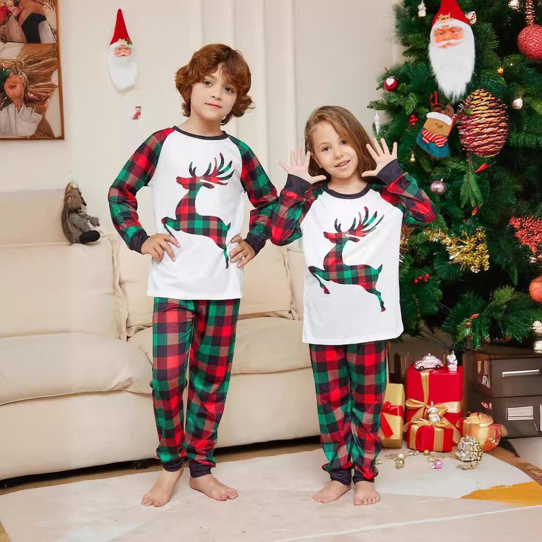 Christmas Cartoon Reindeer Plaid Print Pajama Set | Women's Long Sleeve & Red - Green Plaid Family Matching Outfits - Coscosmos