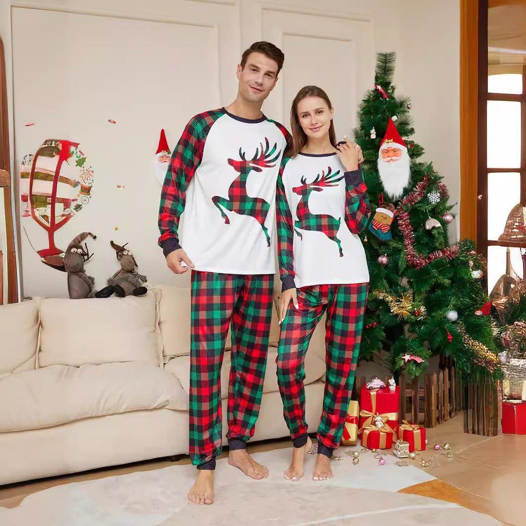 Christmas Cartoon Reindeer Plaid Print Pajama Set | Women's Long Sleeve & Red - Green Plaid Family Matching Outfits - Coscosmos