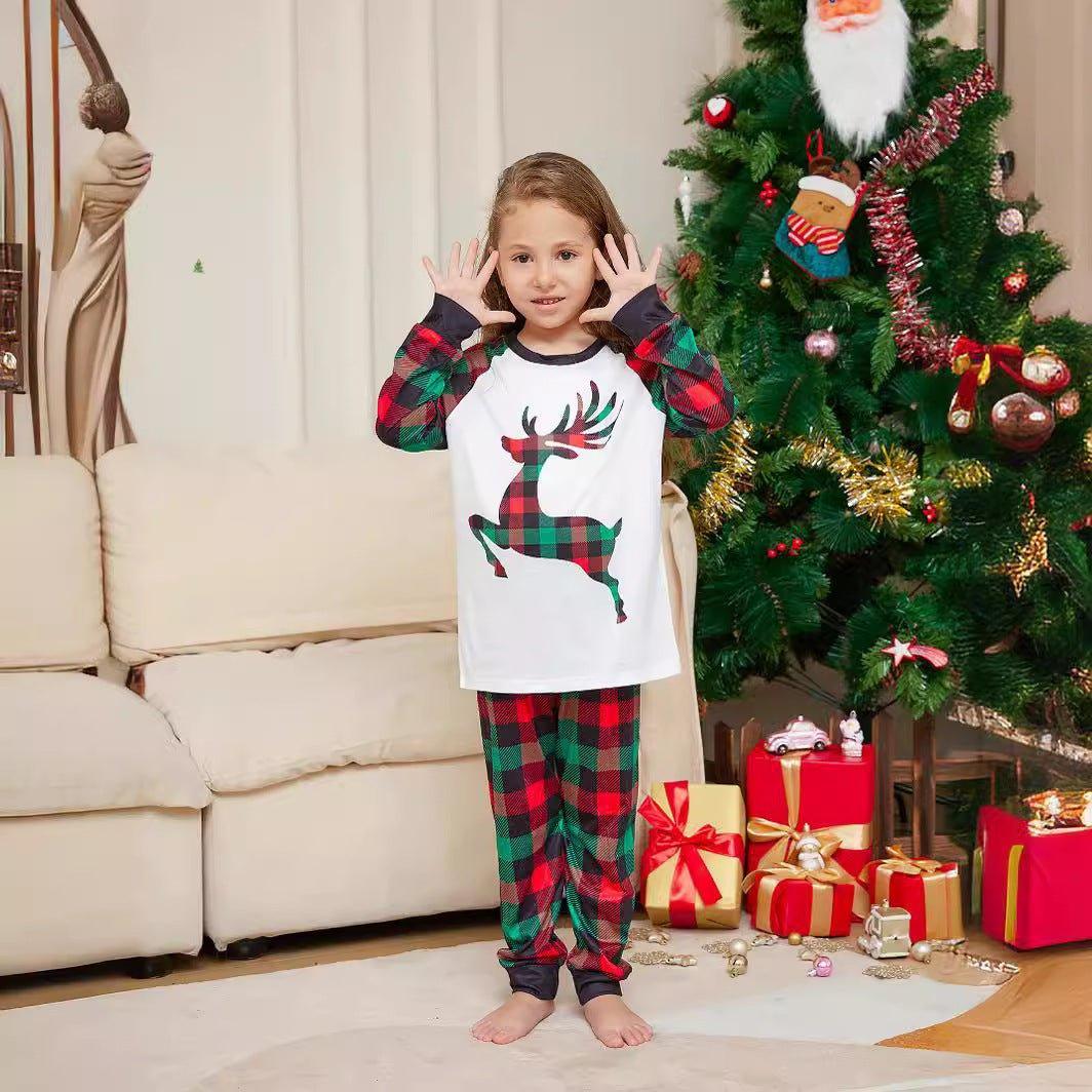 Christmas Cartoon Reindeer Plaid Print Pajama Set | Women's Long Sleeve & Red - Green Plaid Family Matching Outfits - Coscosmos