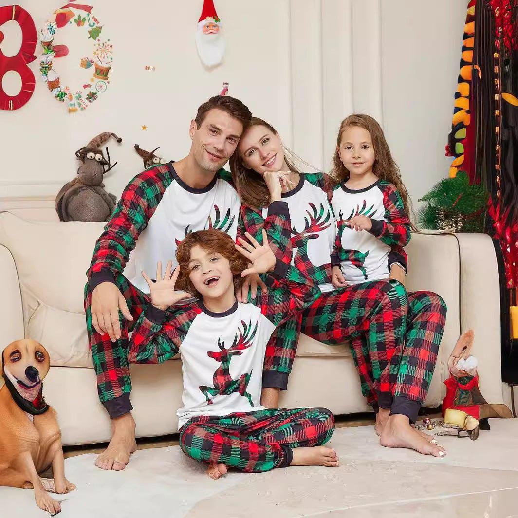 Christmas Cartoon Reindeer Plaid Print Pajama Set | Women's Long Sleeve & Red - Green Plaid Family Matching Outfits - Coscosmos