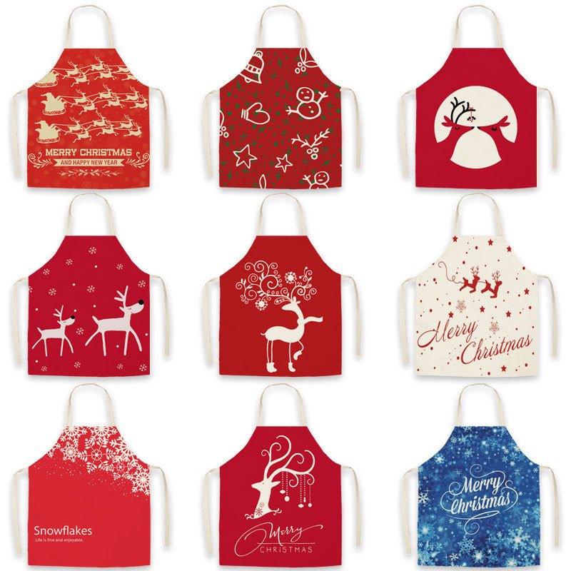 Christmas deer red festive imitation hemp printed apron, Christmas gift adult children parent - child smock waist cloth - Coscosmos