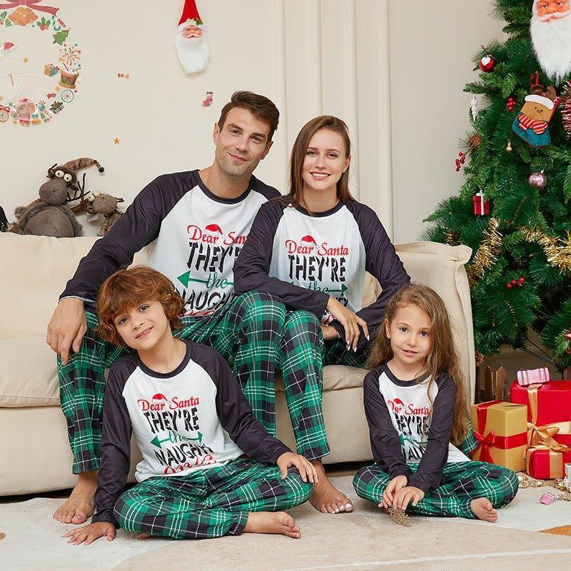 Christmas Family Matching Pajamas | Green Plaid Letter Print Sleepwear Set for Holiday Celebrations - Coscosmos