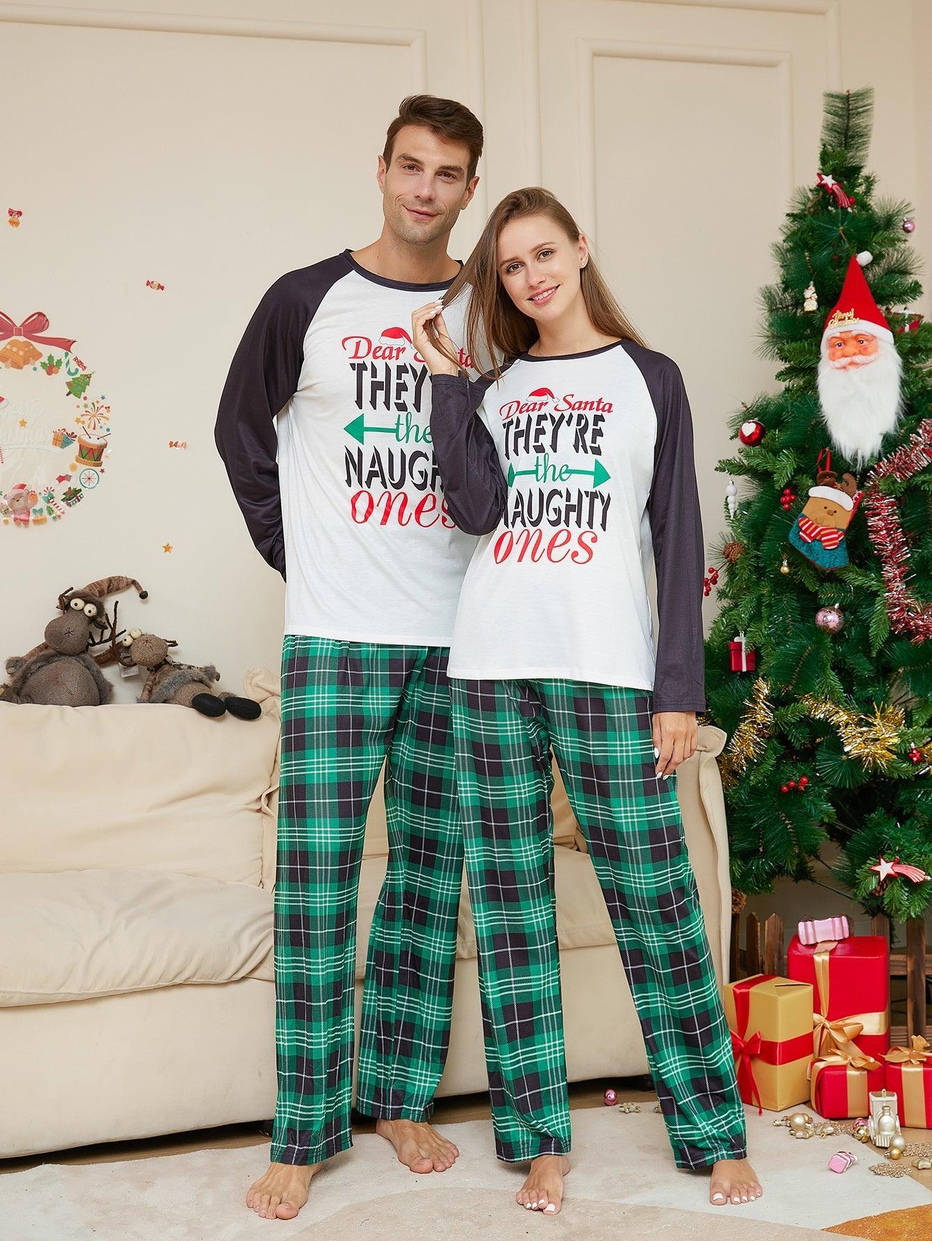 Christmas Family Matching Pajamas | Green Plaid Letter Print Sleepwear Set for Holiday Celebrations - Coscosmos