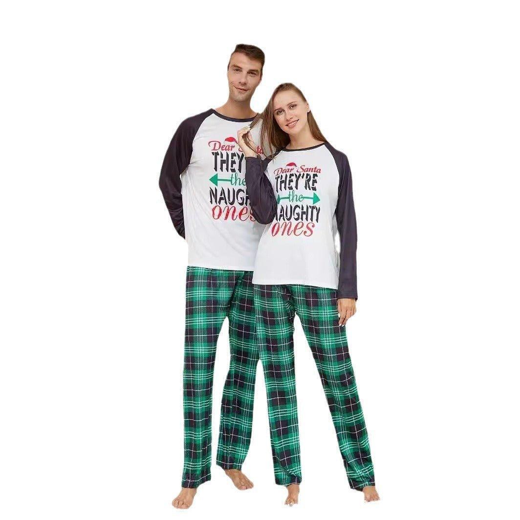 Christmas Family Matching Pajamas | Green Plaid Letter Print Sleepwear Set for Holiday Celebrations - Coscosmos