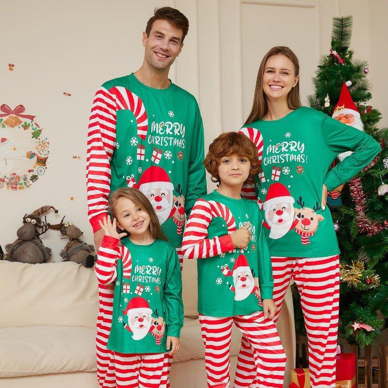 Christmas Family Matching Pajamas Set | Cartoon Santa Letter Print Green Top & Red Striped Pants - Coscosmos