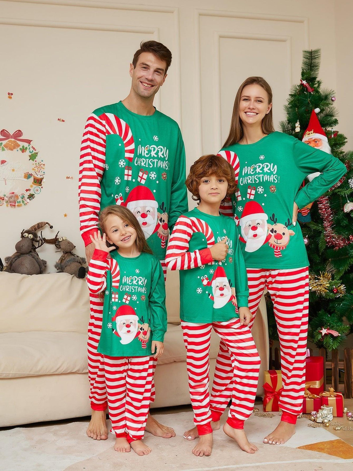 Christmas Family Matching Pajamas Set | Cartoon Santa Letter Print Green Top & Red Striped Pants - Coscosmos