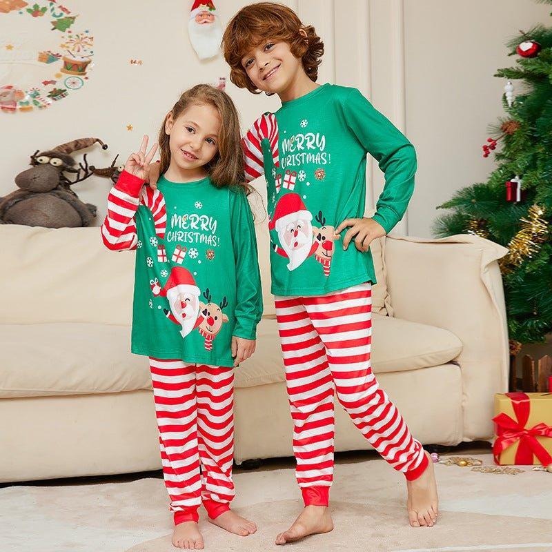 Christmas Family Matching Pajamas Set | Cartoon Santa Letter Print Green Top & Red Striped Pants - Coscosmos