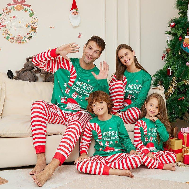 Christmas Family Matching Pajamas Set | Cartoon Santa Letter Print Green Top & Red Striped Pants - Coscosmos