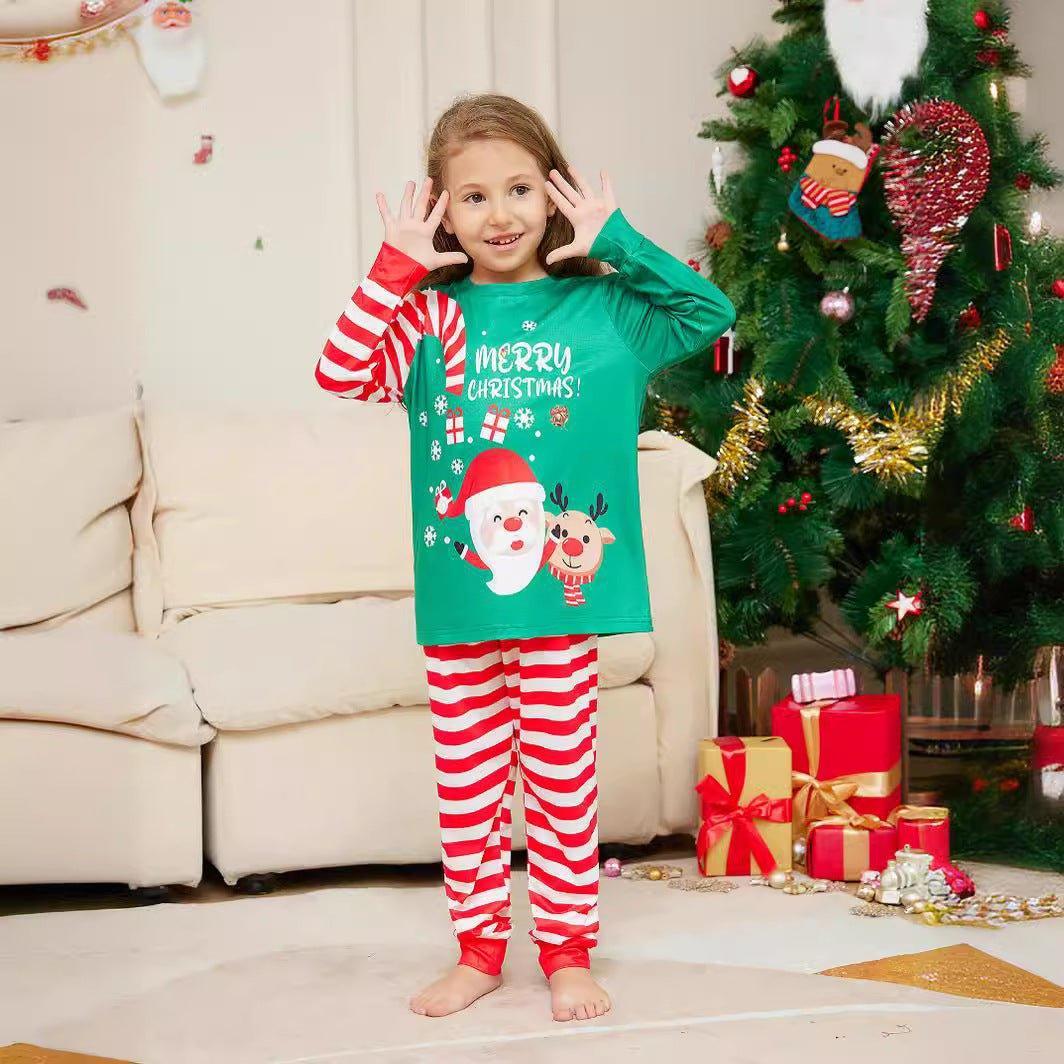 Christmas Family Matching Pajamas Set | Cartoon Santa Letter Print Green Top & Red Striped Pants - Coscosmos