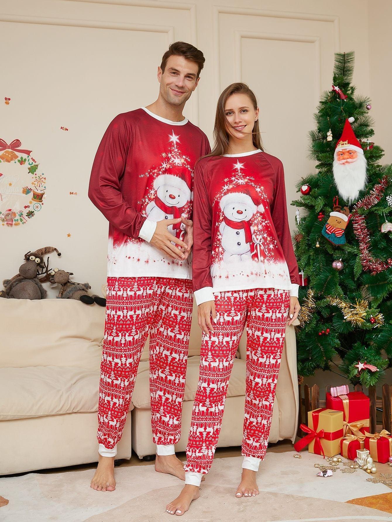 Christmas Family Matching Pajamas | Snowman Print Cotton - Like Fabric | Parent - Child Sleepwear Set - Coscosmos