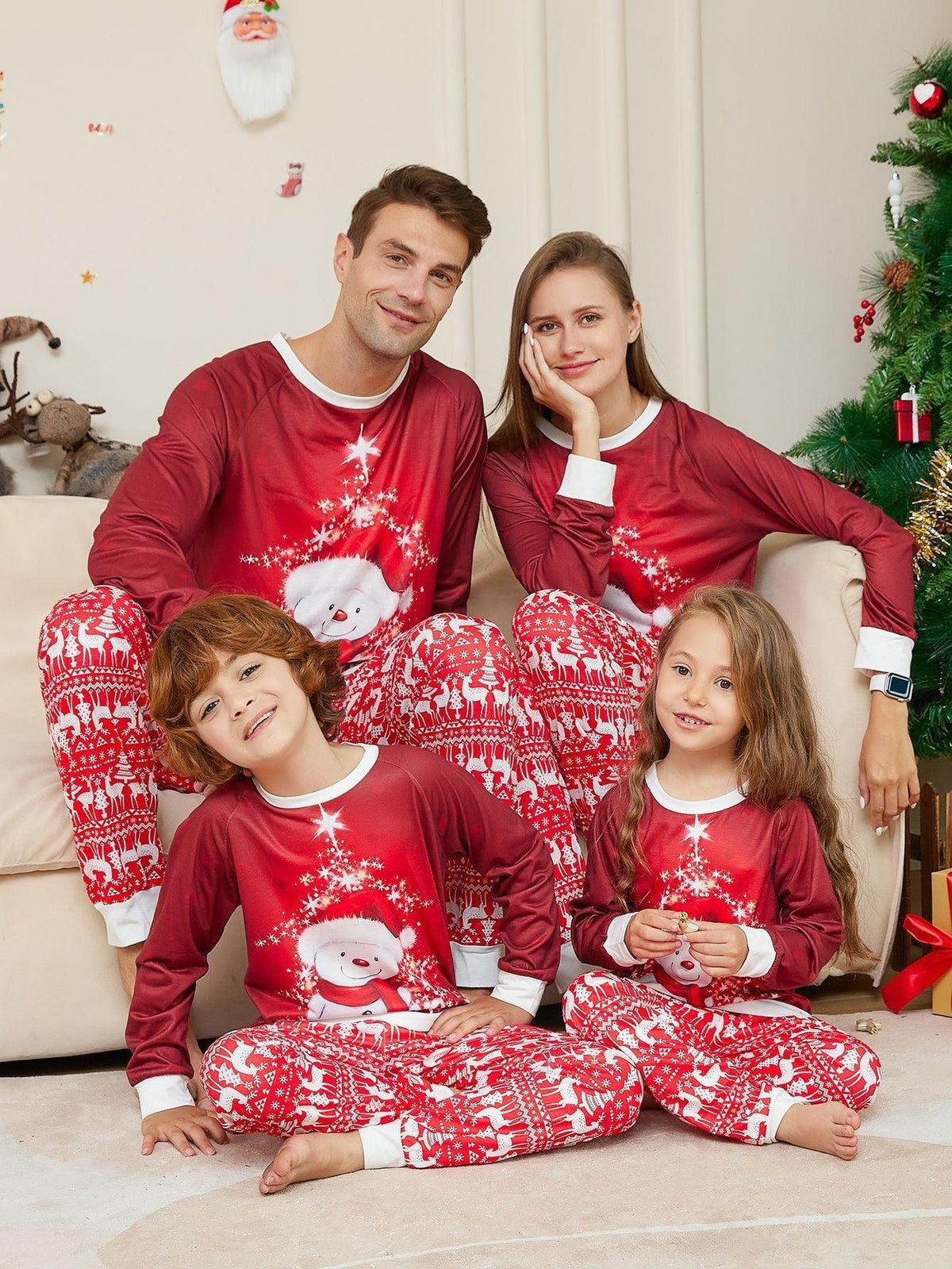 Christmas Family Matching Pajamas | Snowman Print Cotton - Like Fabric | Parent - Child Sleepwear Set - Coscosmos