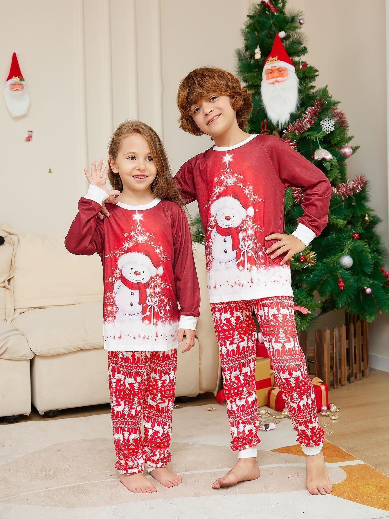 Christmas Family Matching Pajamas | Snowman Print Cotton - Like Fabric | Parent - Child Sleepwear Set - Coscosmos