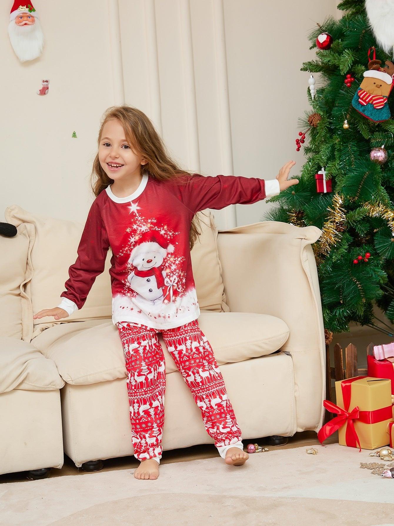 Christmas Family Matching Pajamas | Snowman Print Cotton - Like Fabric | Parent - Child Sleepwear Set - Coscosmos