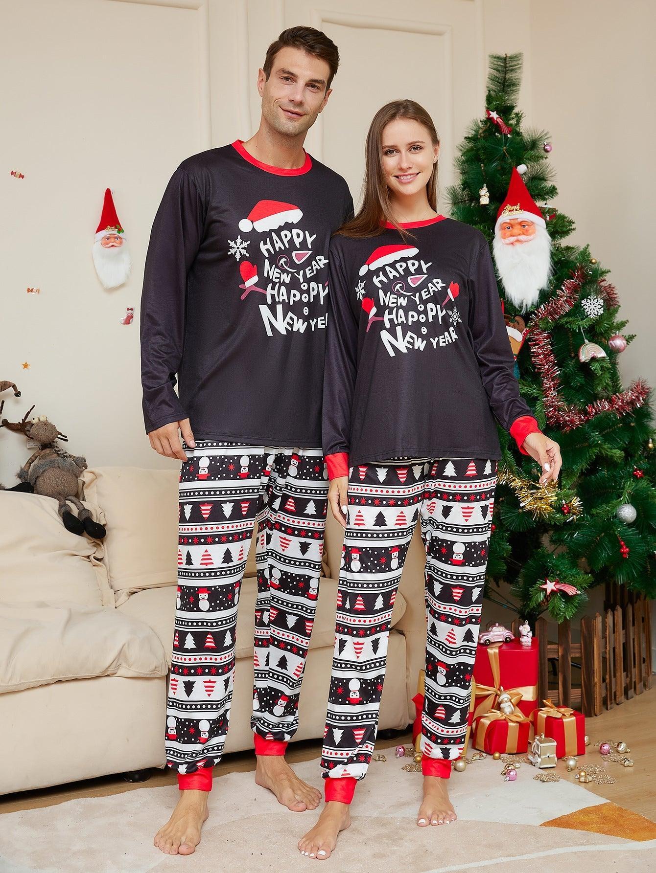 Christmas Family Matching Pajamas with Cartoon Hat & Letter Design | Long - Sleeve Loungewear for Families & Pets - Coscosmos