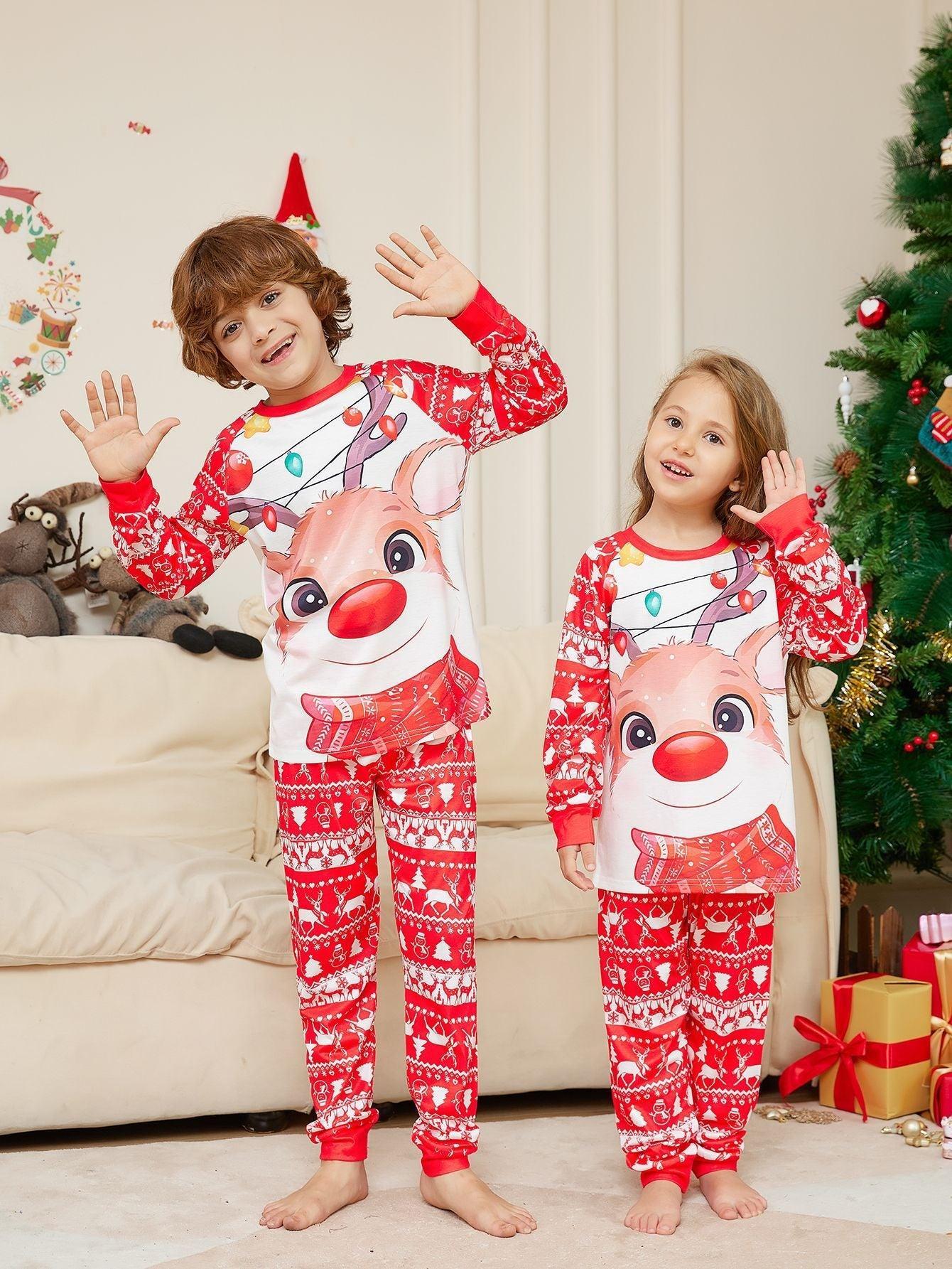 Christmas Family Matching Reindeer Print Pajama Set | Two - Piece Long Sleeve Round Neck Loungewear - Coscosmos