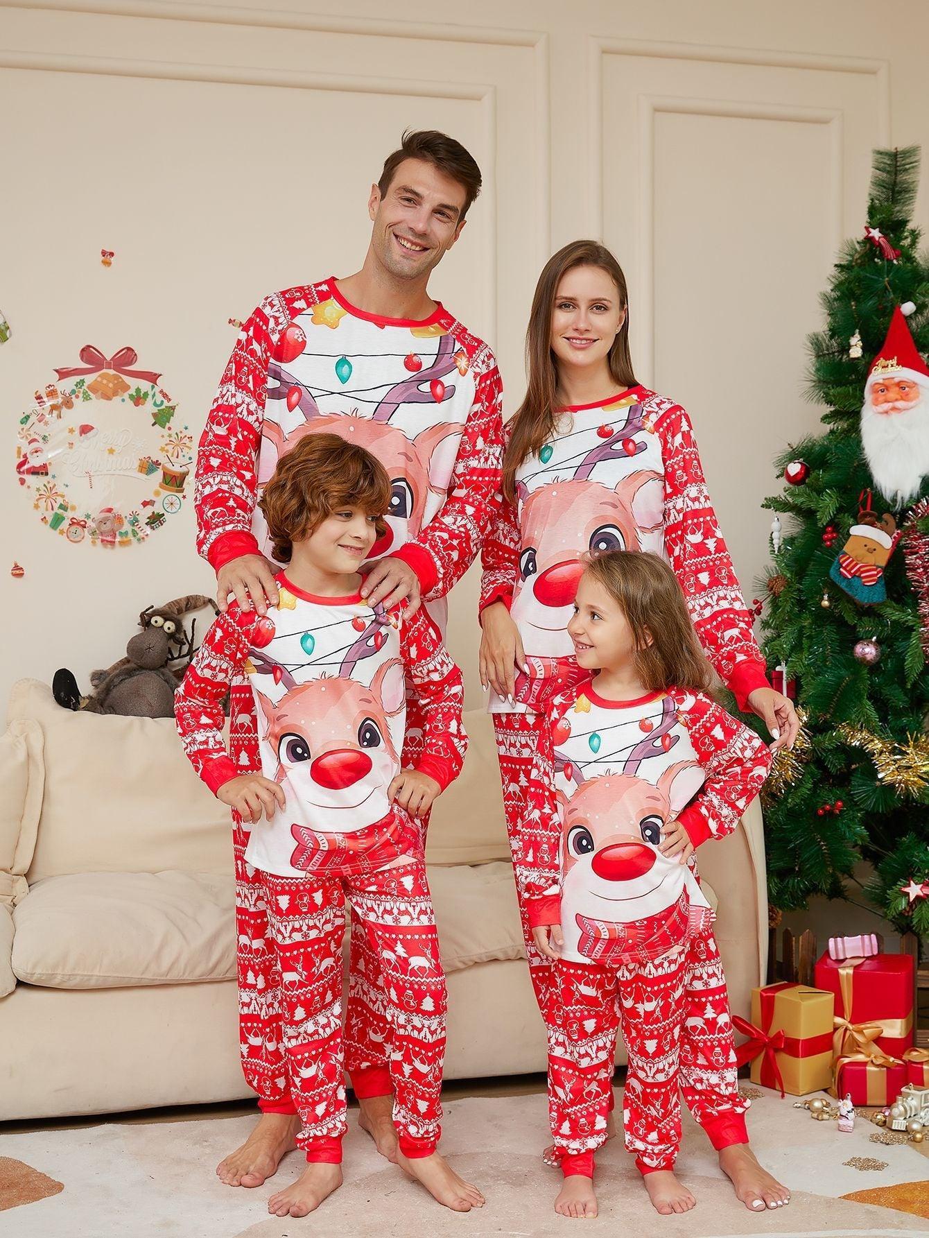 Christmas Family Matching Reindeer Print Pajama Set | Two - Piece Long Sleeve Round Neck Loungewear - Coscosmos