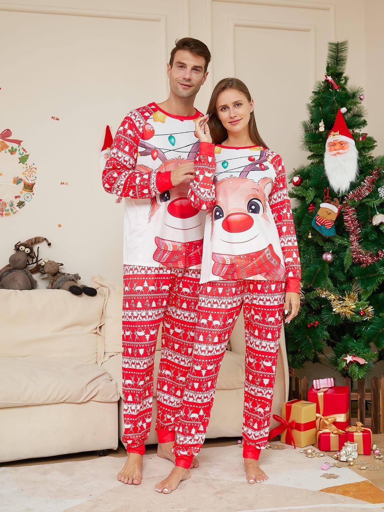 Christmas Family Matching Reindeer Print Pajama Set | Two - Piece Long Sleeve Round Neck Loungewear - Coscosmos