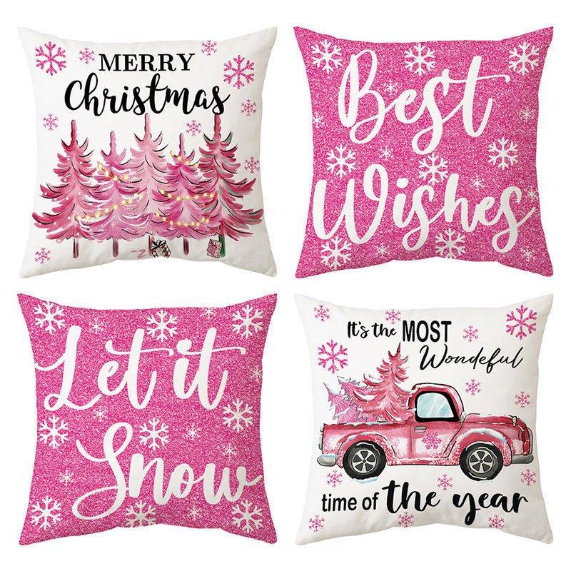 Christmas pillow cover flannel cartoon print pink Christmas pillow collage cushion sofa living room cushion - Coscosmos